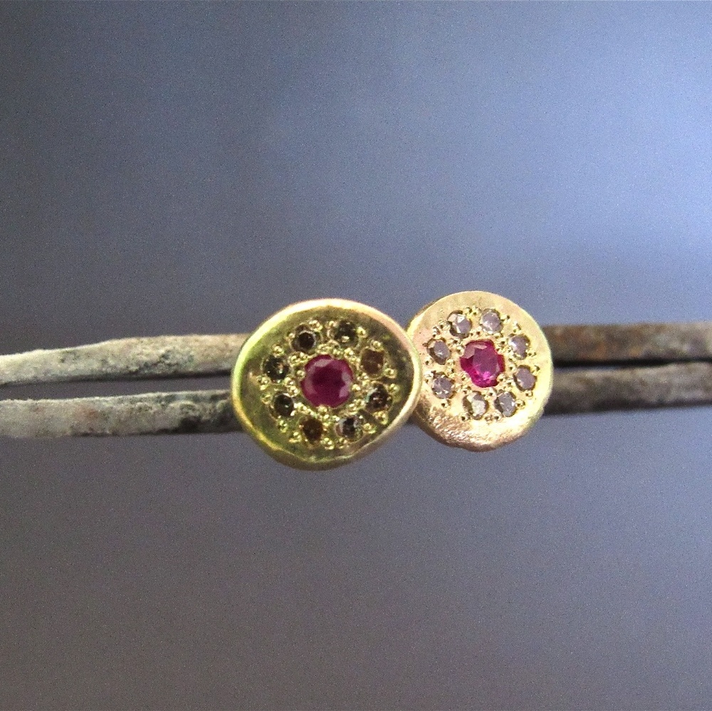 Handmade 14K Yellow Gold Ruby Diamond Stud Earrings – Traditional Craftsmanship